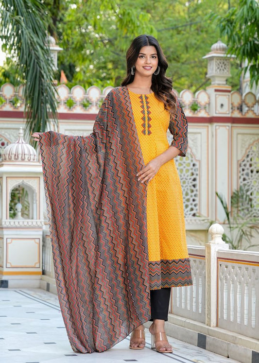 yash gallery womens cotton geometric print anarkali kurta mustard dupatta