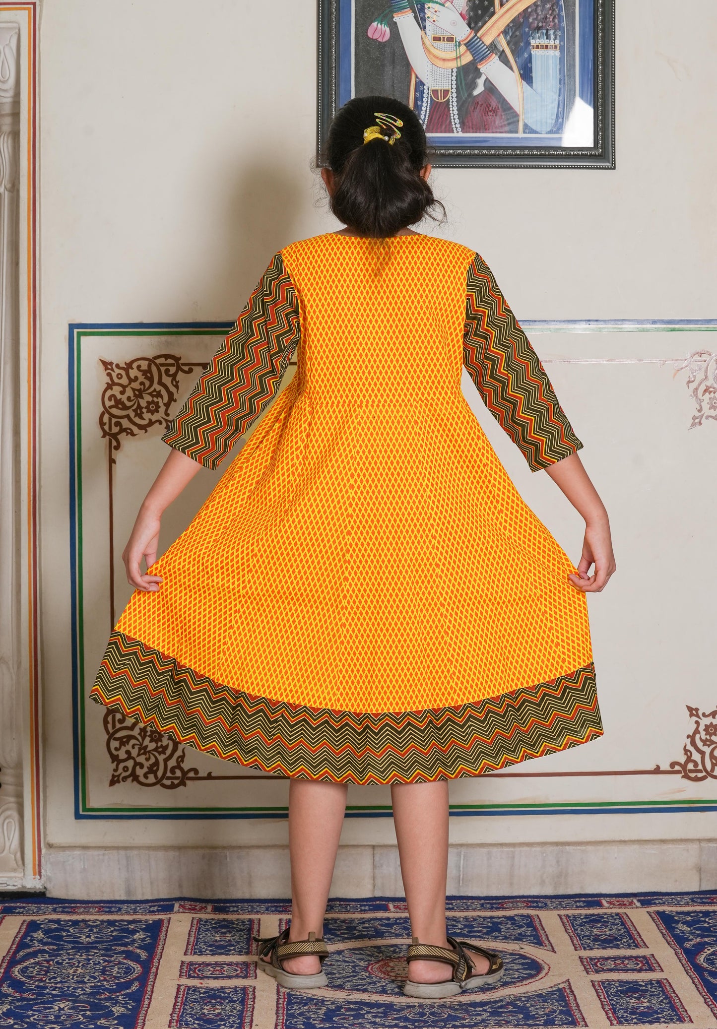yash gallery kids cotton geometric print anarkali dress mustard