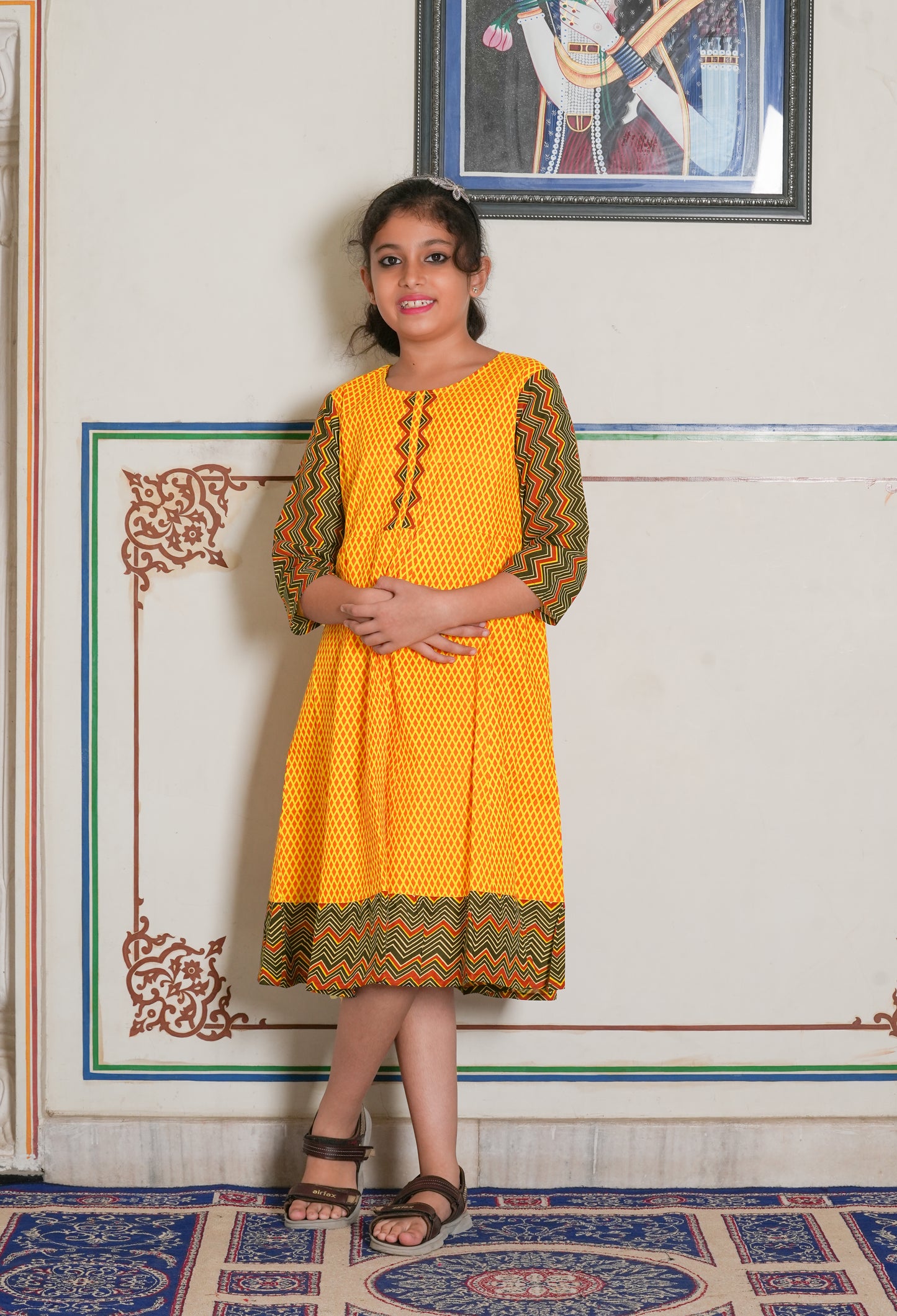 yash gallery kids cotton geometric print anarkali dress mustard