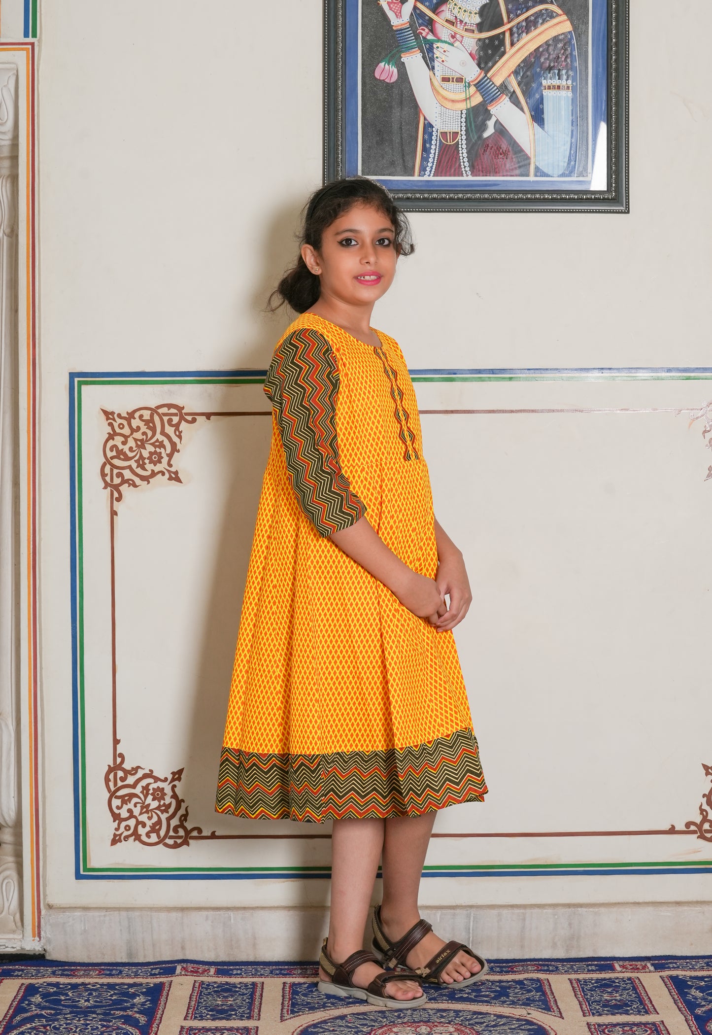 yash gallery kids cotton geometric print anarkali dress mustard