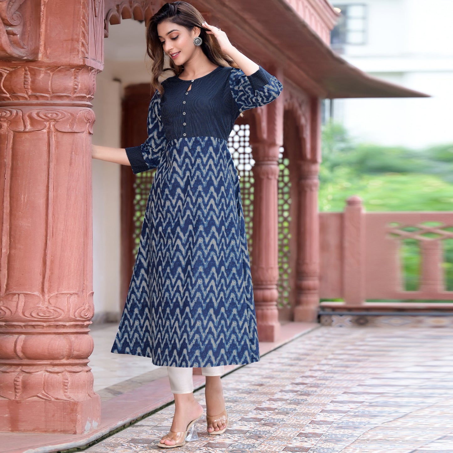 Cotton Chevron Print Kaantha Work A-line Kurta (Blue)