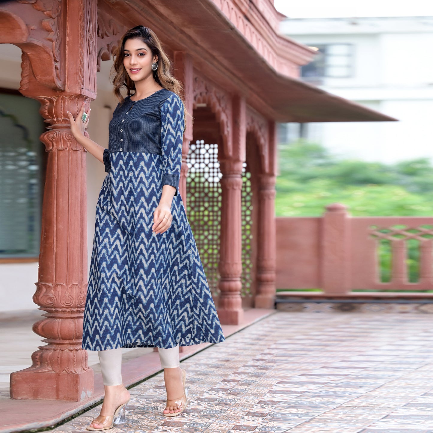 Cotton Chevron Print Kaantha Work A-line Kurta (Blue)