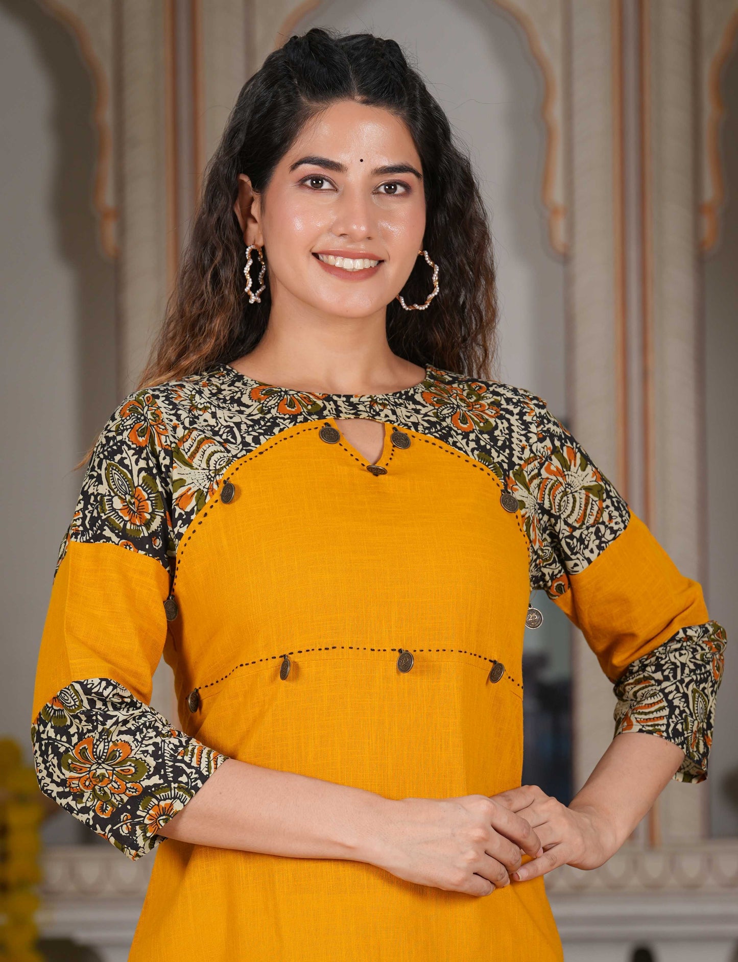 Cotton Blend Kalamkari Print Kaantha Work A-line Kurta (Mustard)