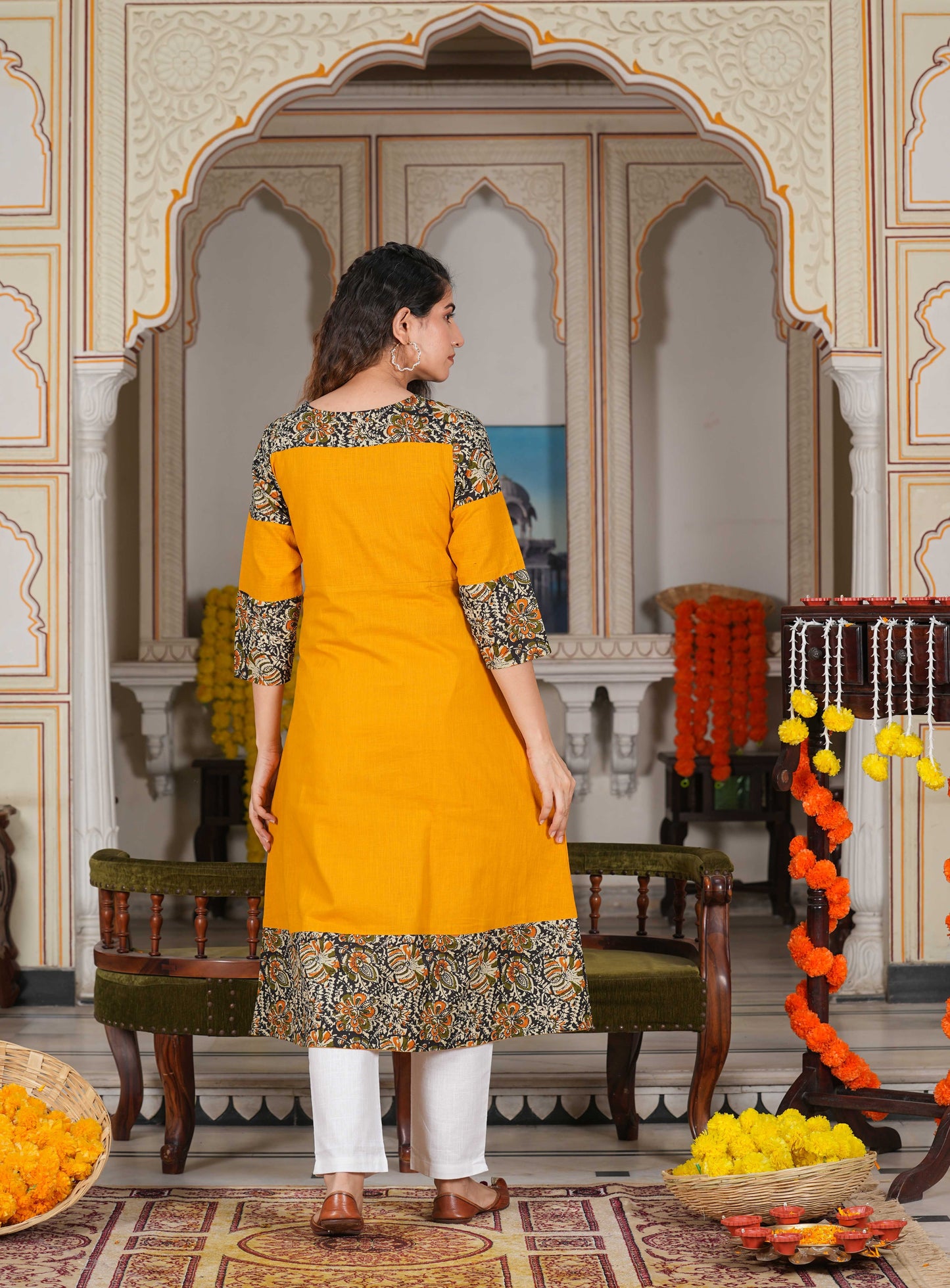Cotton Blend Kalamkari Print Kaantha Work A-line Kurta (Mustard)
