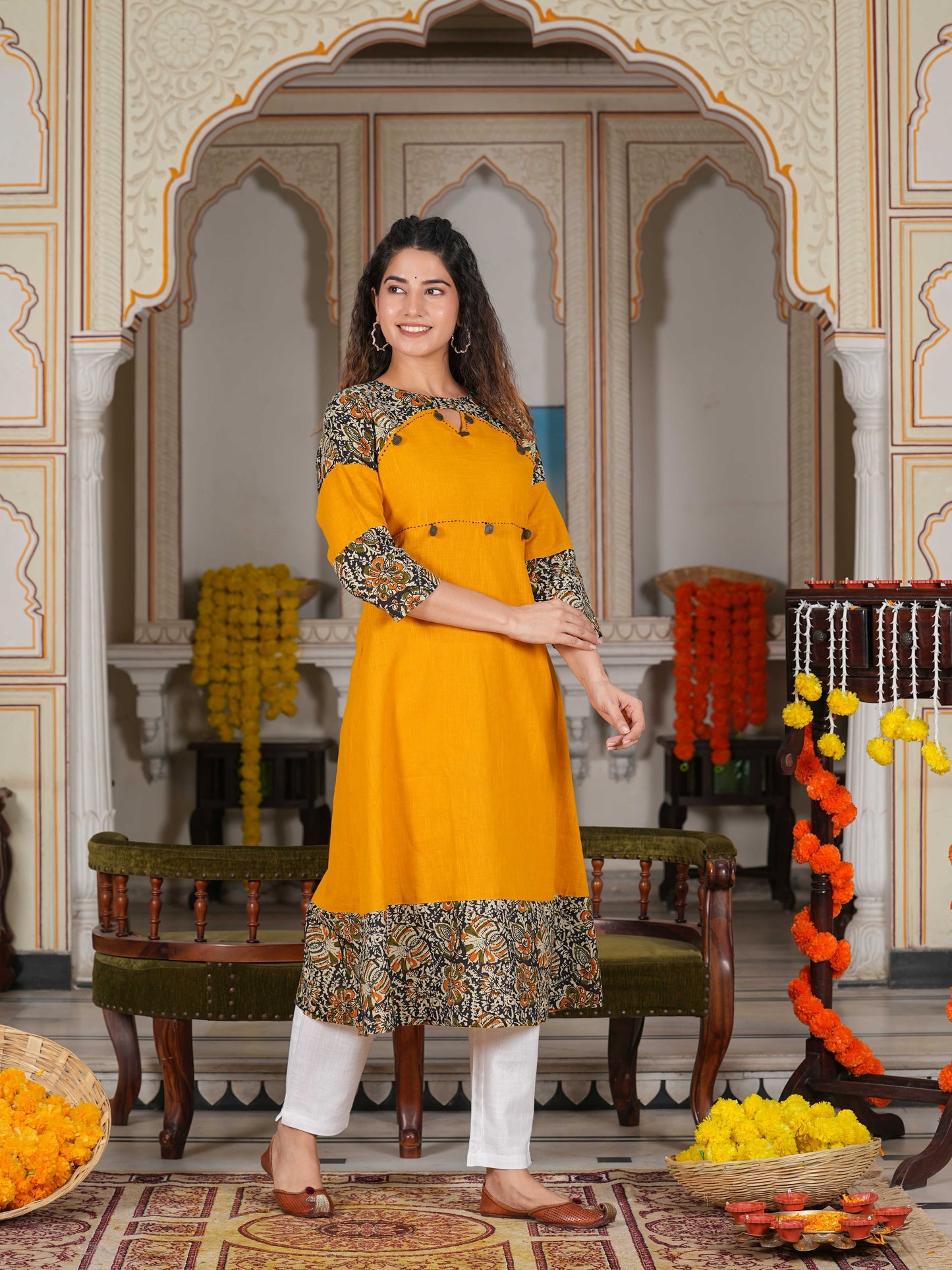 Cotton Blend Kalamkari Print Kaantha Work A-line Kurta (Mustard)