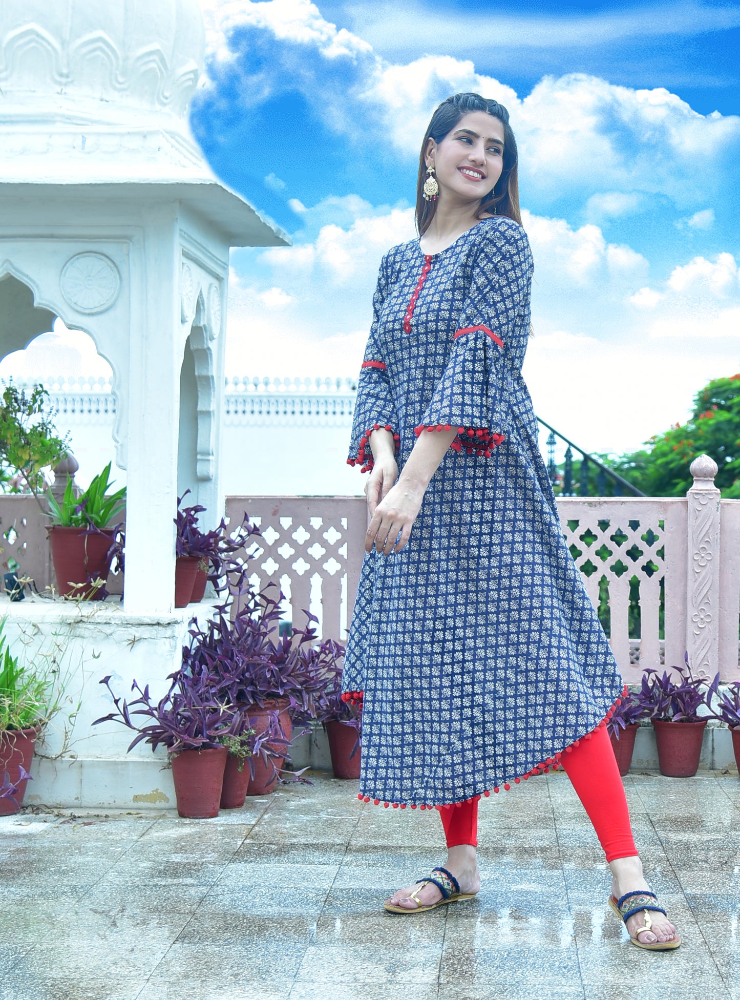 Cambric Cotton Printed Mirror Work A-Line Kurta (Blue)