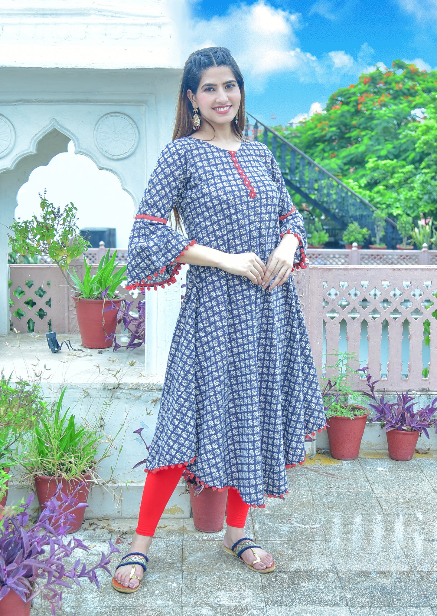 Cambric Cotton Printed Mirror Work A-Line Kurta (Blue)