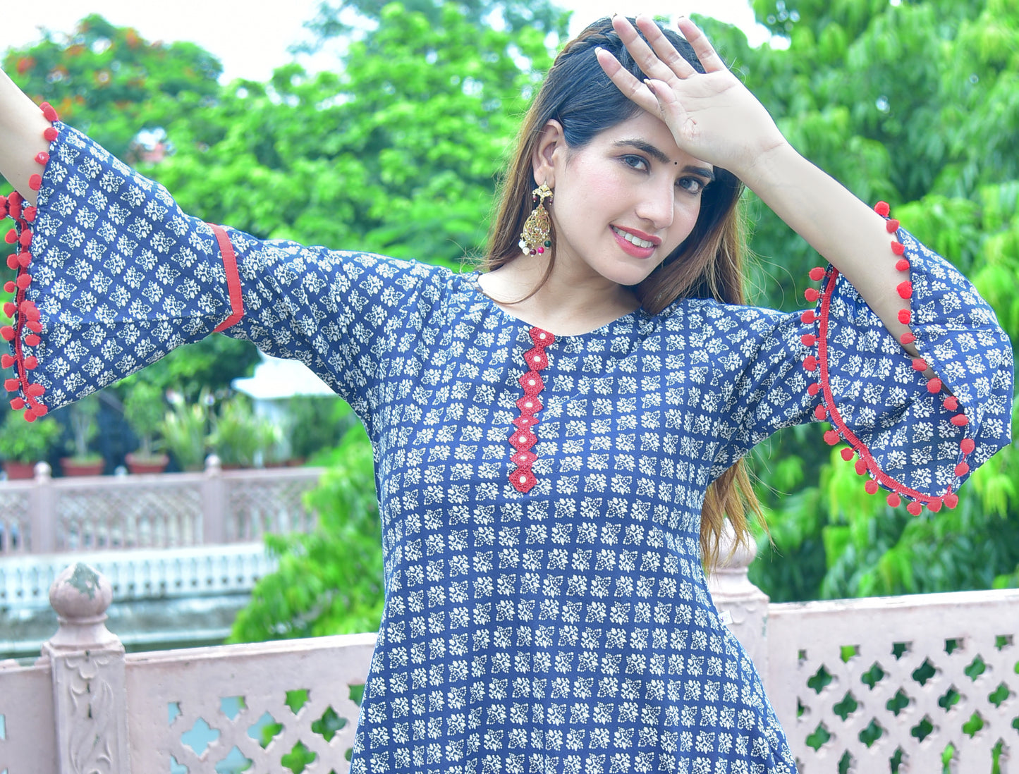 Cambric Cotton Printed Mirror Work A-Line Kurta (Blue)