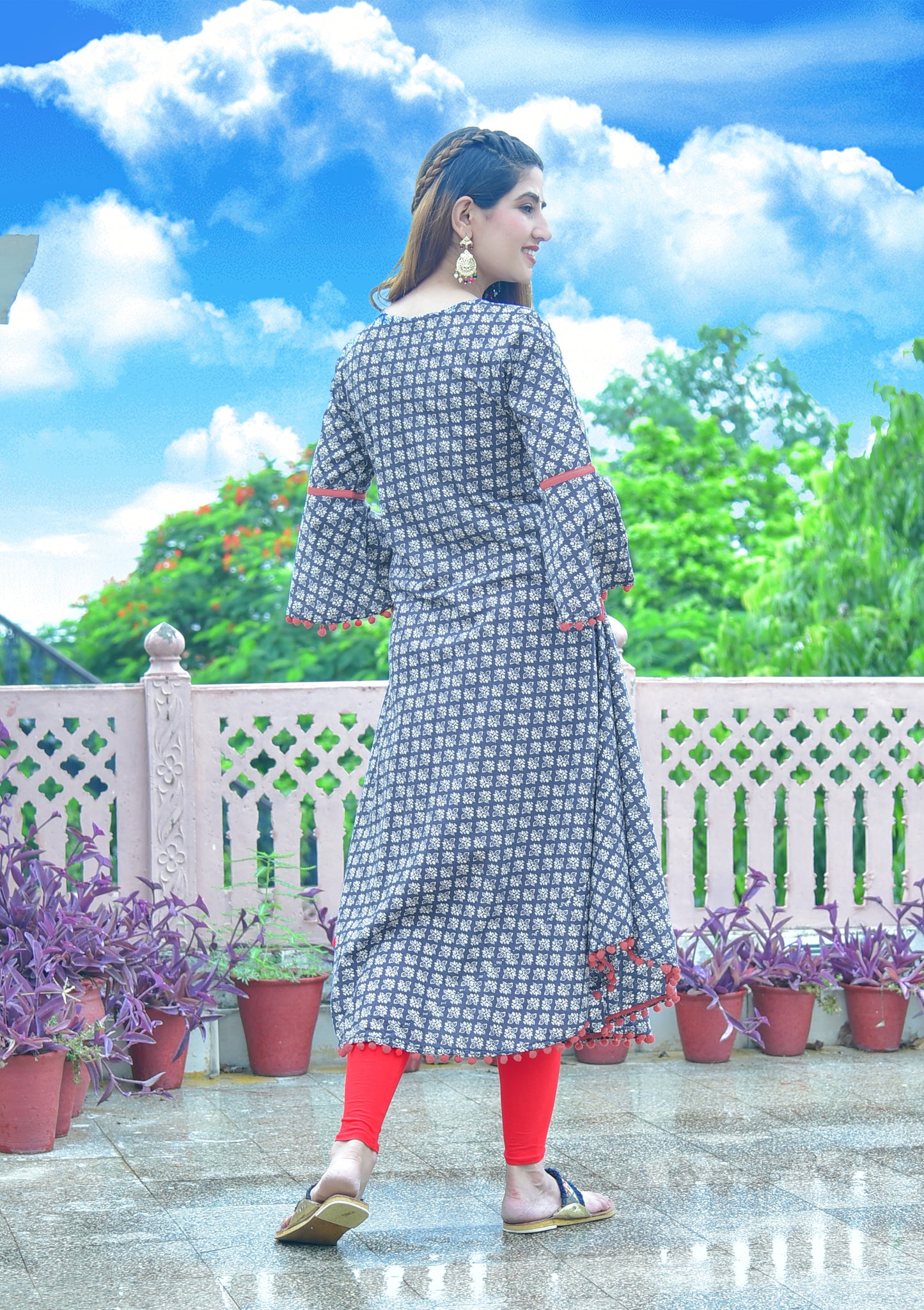 Cambric Cotton Printed Mirror Work A-Line Kurta (Blue)