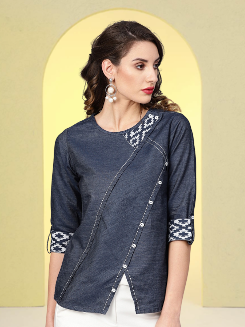 women denim regular tops blue