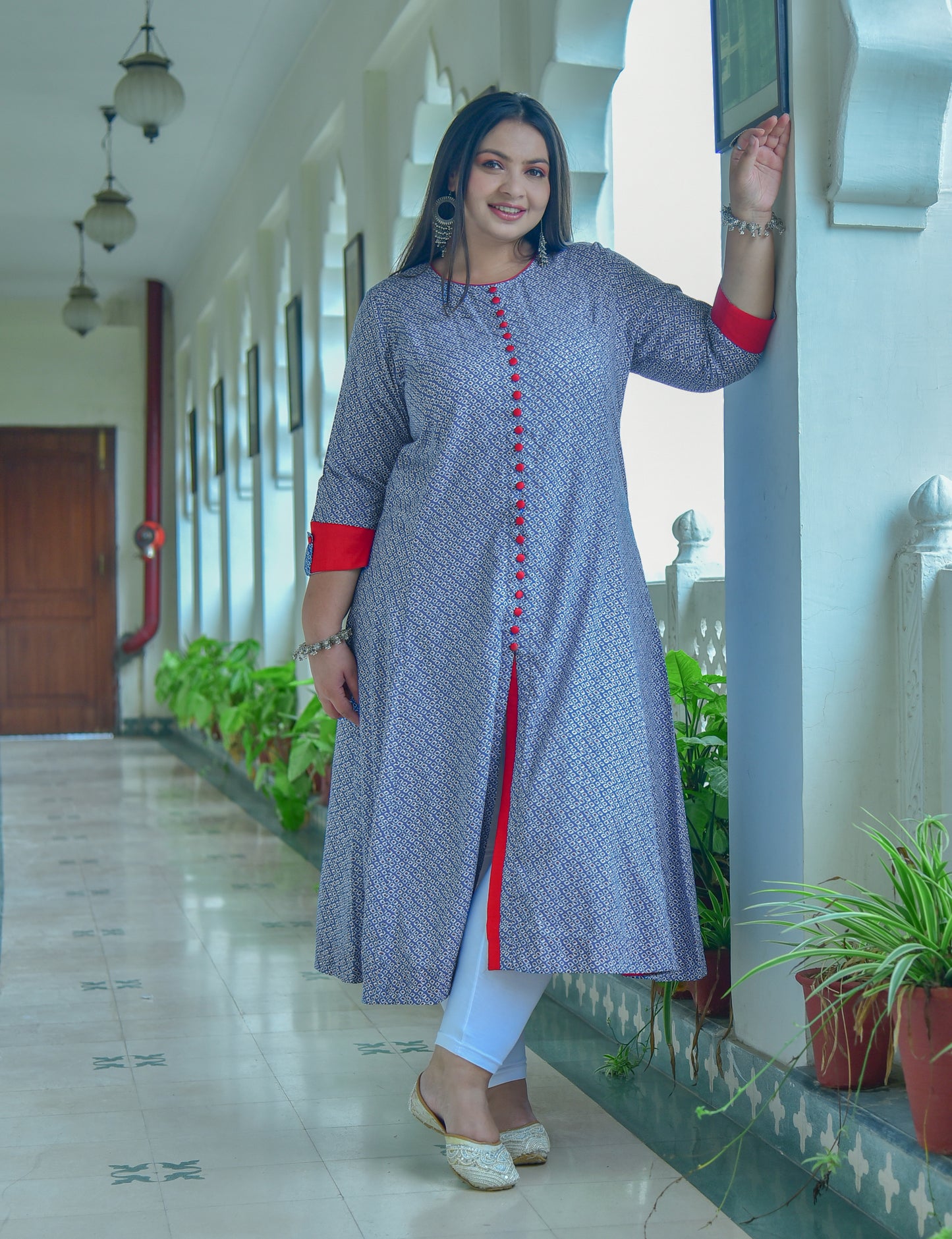 Rayon Geometric Print A-Line Kurta (Blue)