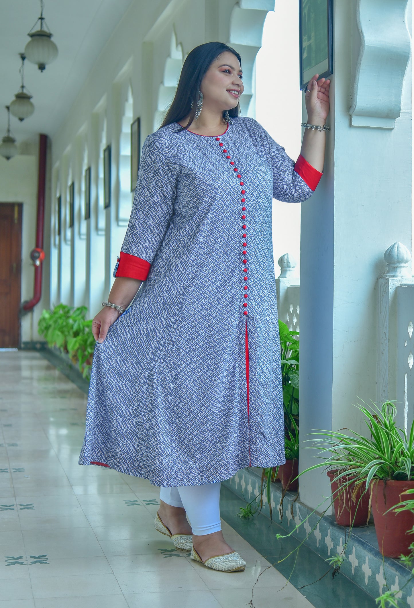 Rayon Geometric Print A-Line Kurta (Blue)