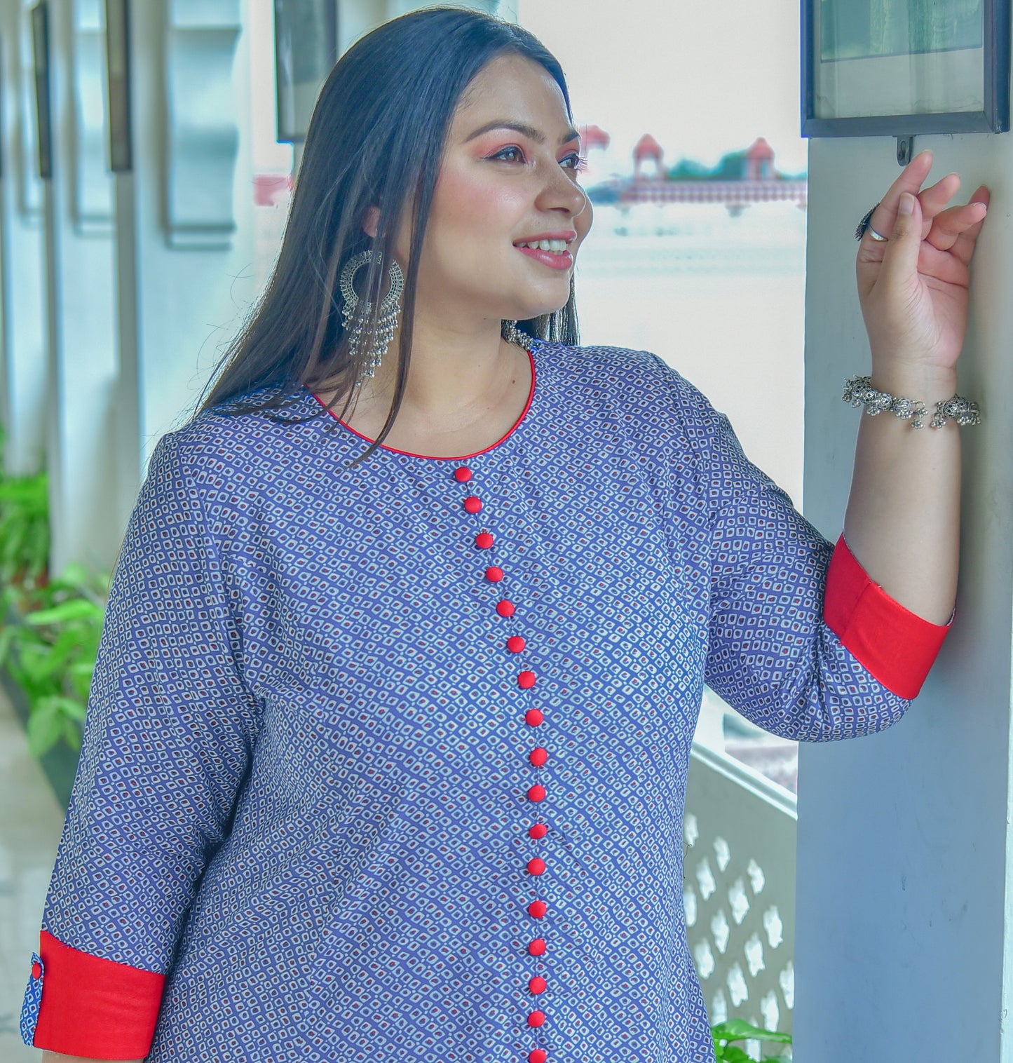 Rayon Geometric Print A-Line Kurta (Blue)