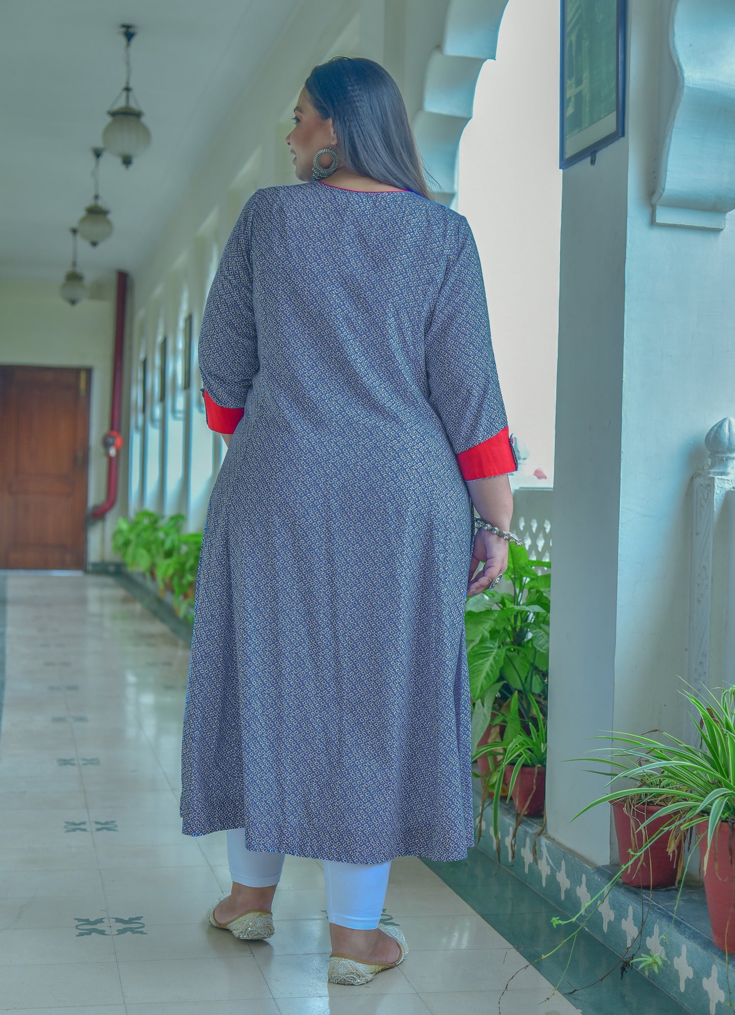 Rayon Geometric Print A-Line Kurta (Blue)