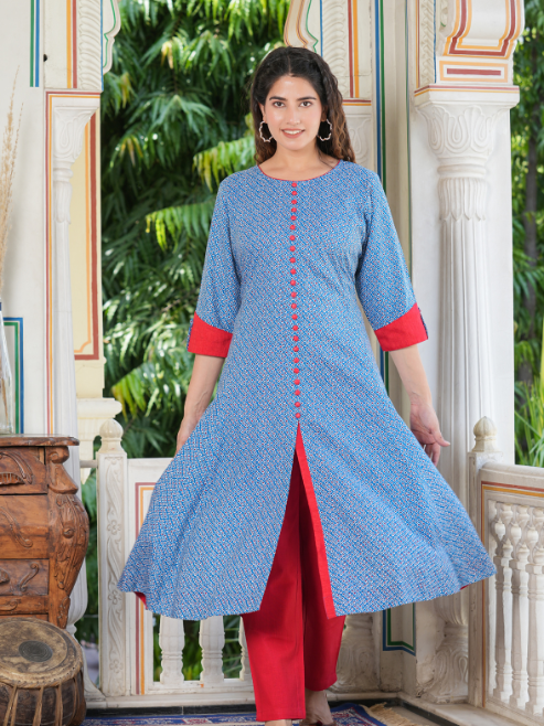 women rayon geometric print a line kurta blue