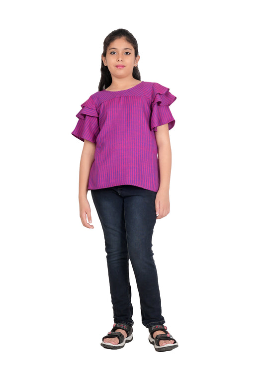 YASH GALLERY Kids Viscose Stripe Regular Top (Purple)