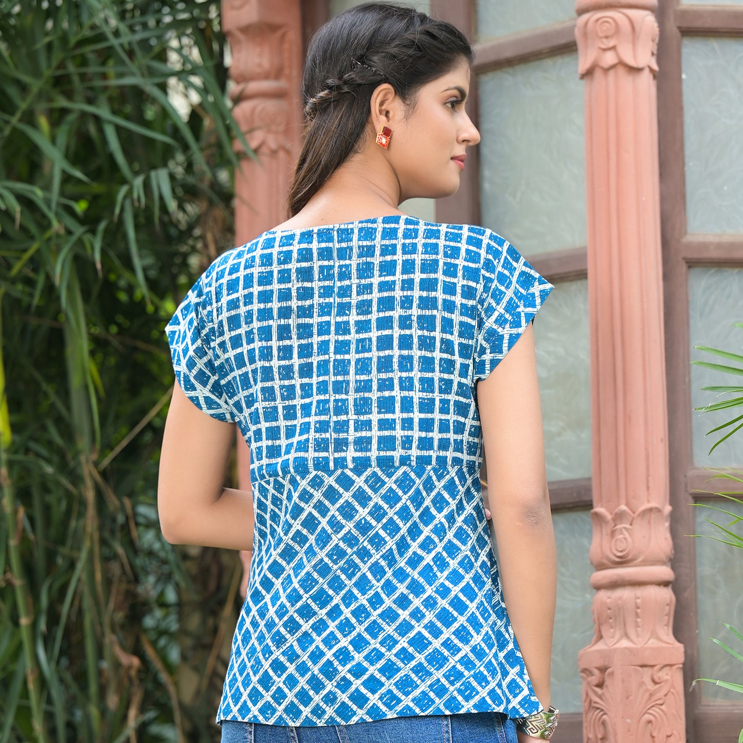women cambric cotton checks print regular top indigo