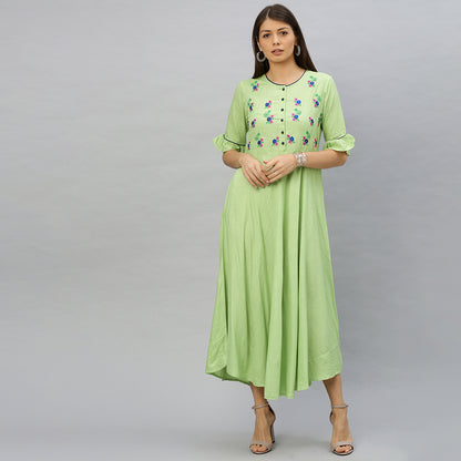 Rayon Slub Embroidered Anarkali Kurta Dress (Green)