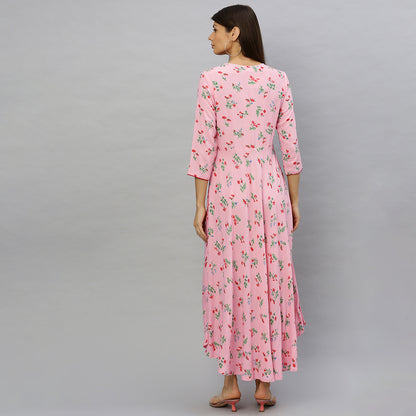 Rayon Floral Printed Anarkali Kurta Dress (Pink)