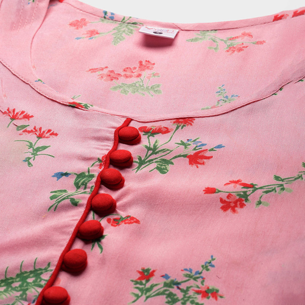 Rayon Floral Printed Anarkali Kurta Dress (Pink)