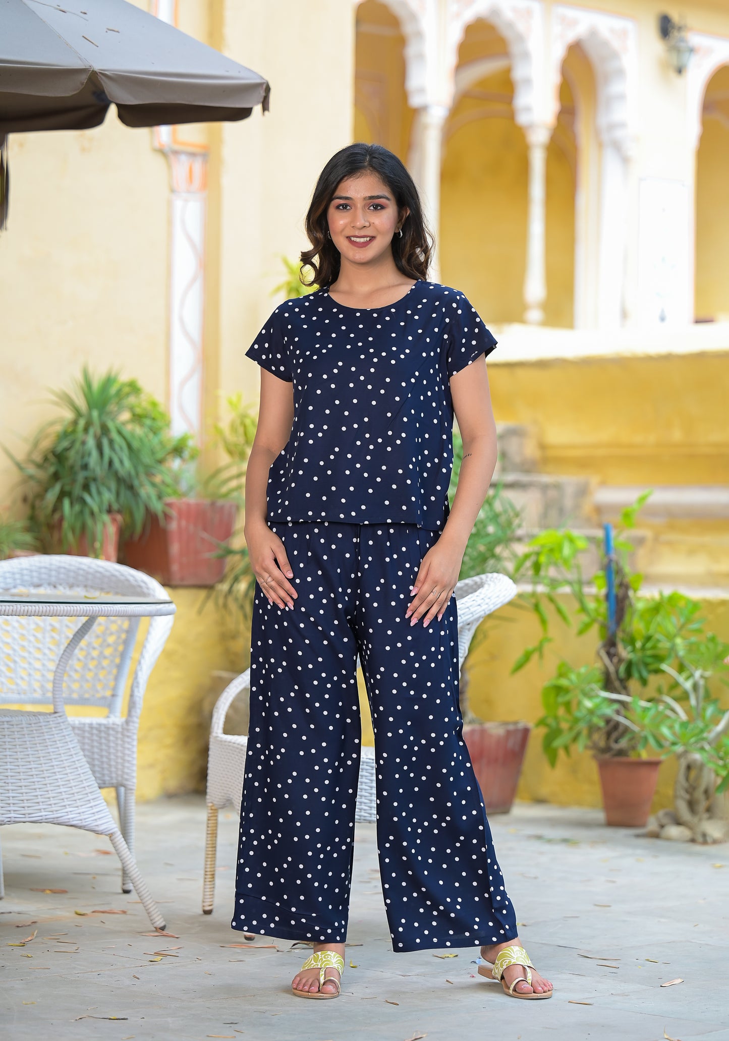 women polka print blue night suit set