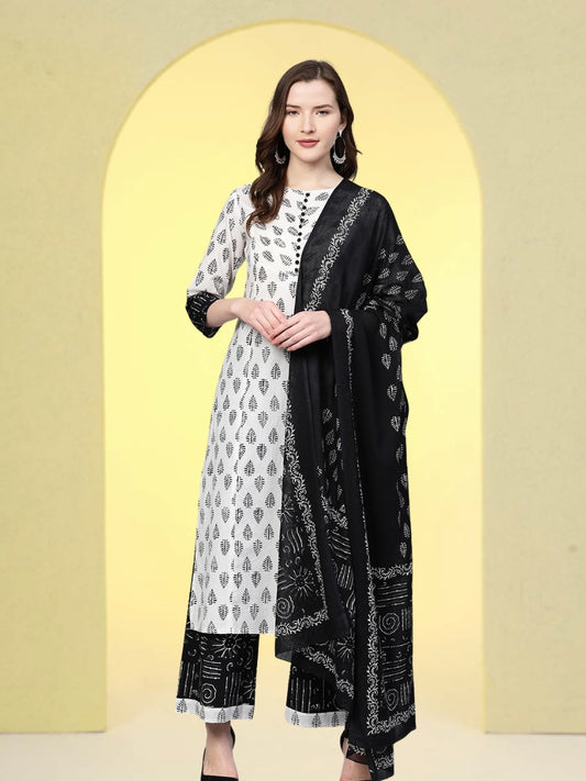 women cotton floral printed straight kurta with palazzo dupatta set white balck