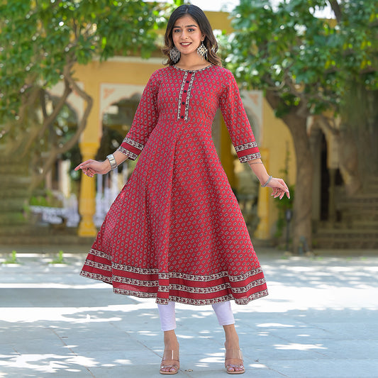 women cotton floral print anarkali kurta maroon