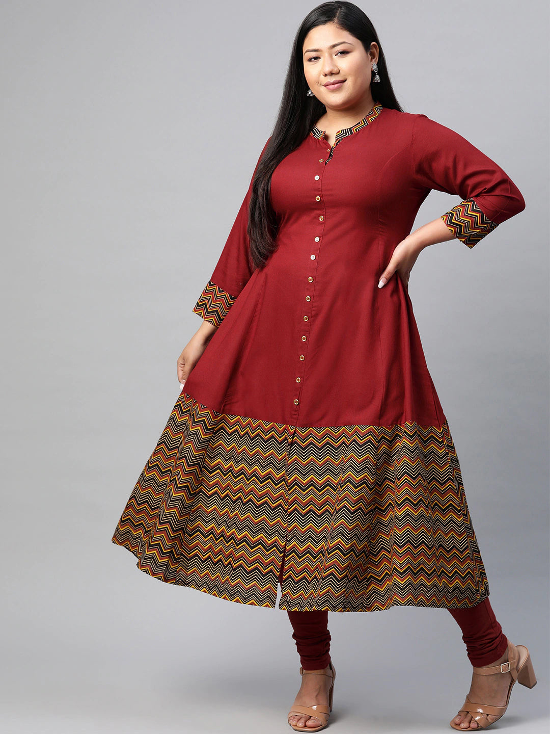 Rayon & Cotton Cambric Zig-Zag Printed A-line Kurta