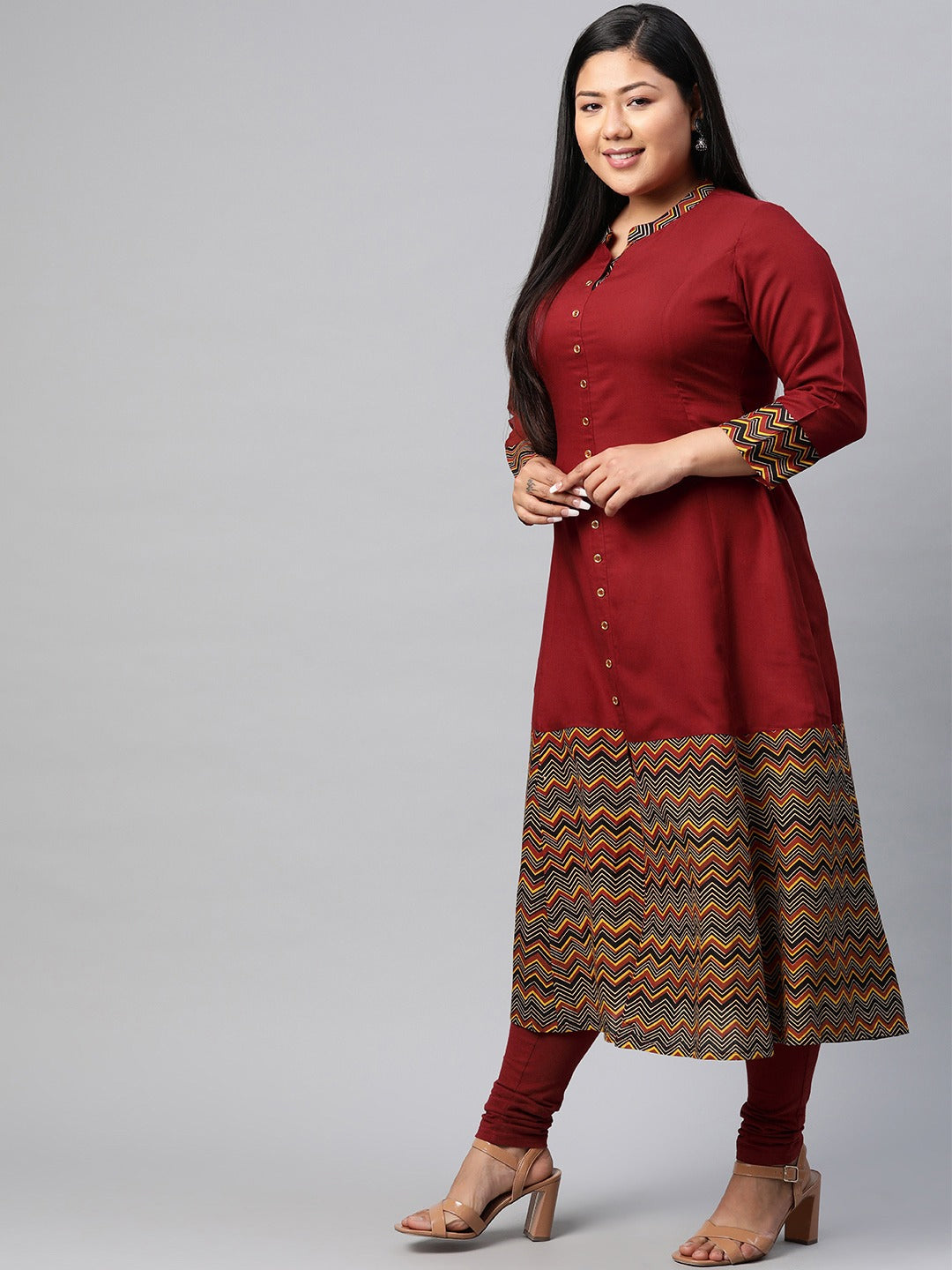 Rayon & Cotton Cambric Zig-Zag Printed A-line Kurta