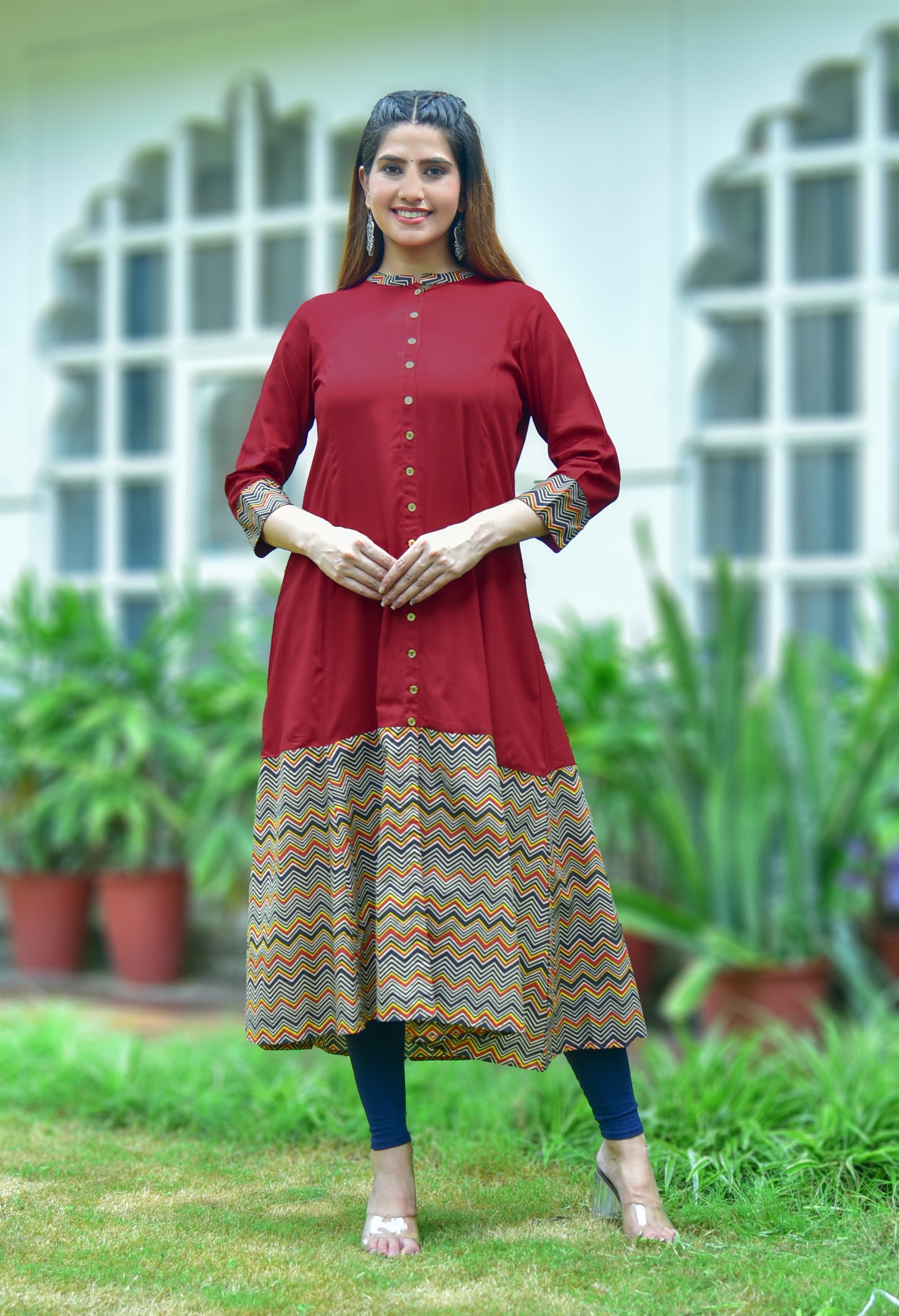 Rayon & Cotton Cambric Zig-Zag Printed A-line Kurta