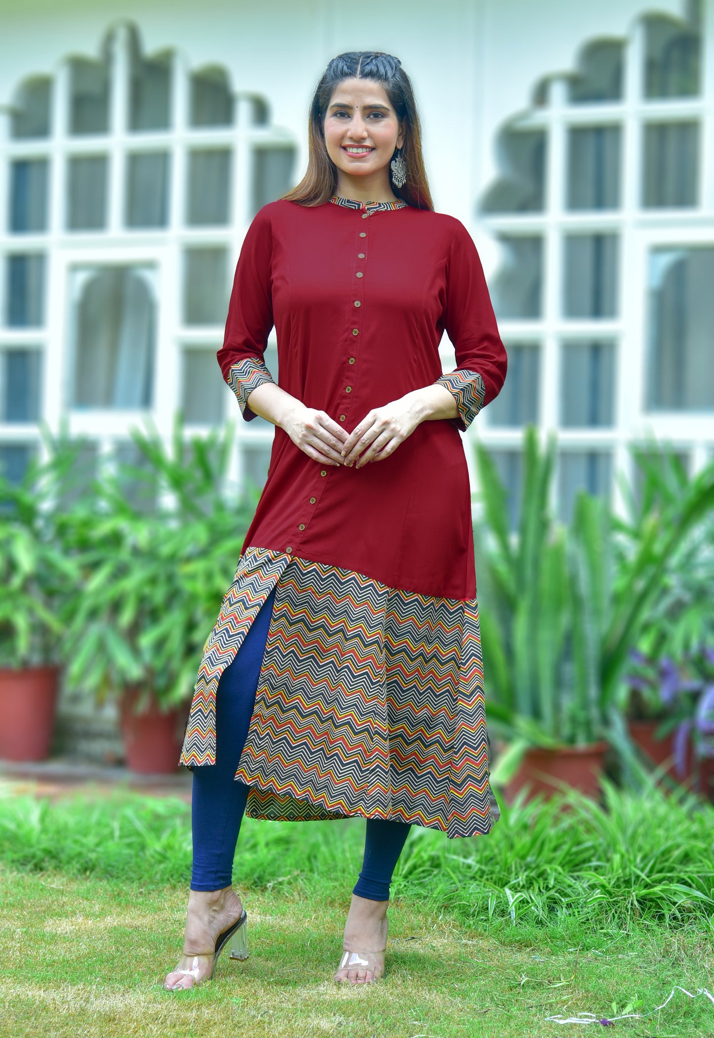 Rayon & Cotton Cambric Zig-Zag Printed A-line Kurta