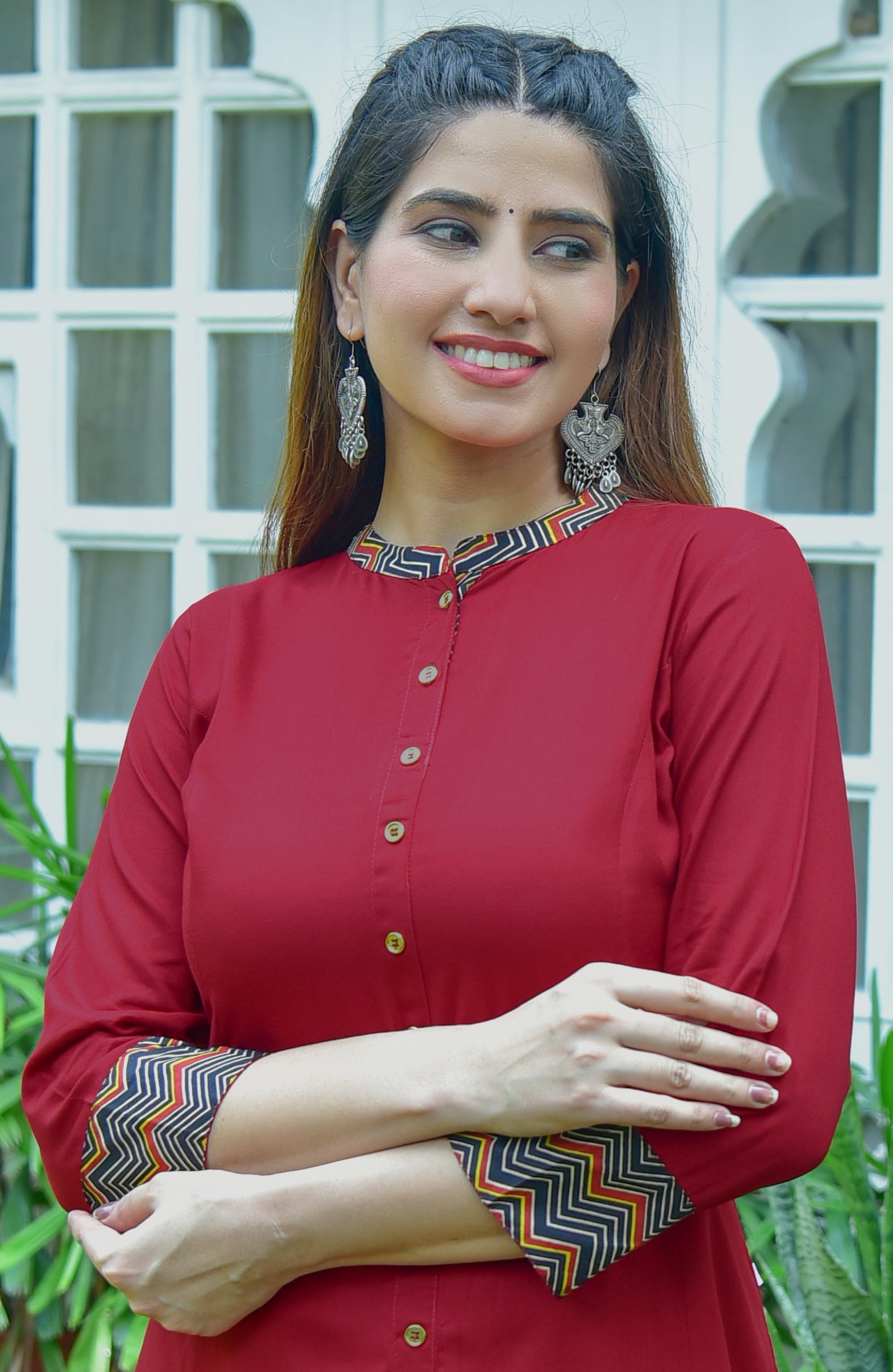 Rayon & Cotton Cambric Zig-Zag Printed A-line Kurta