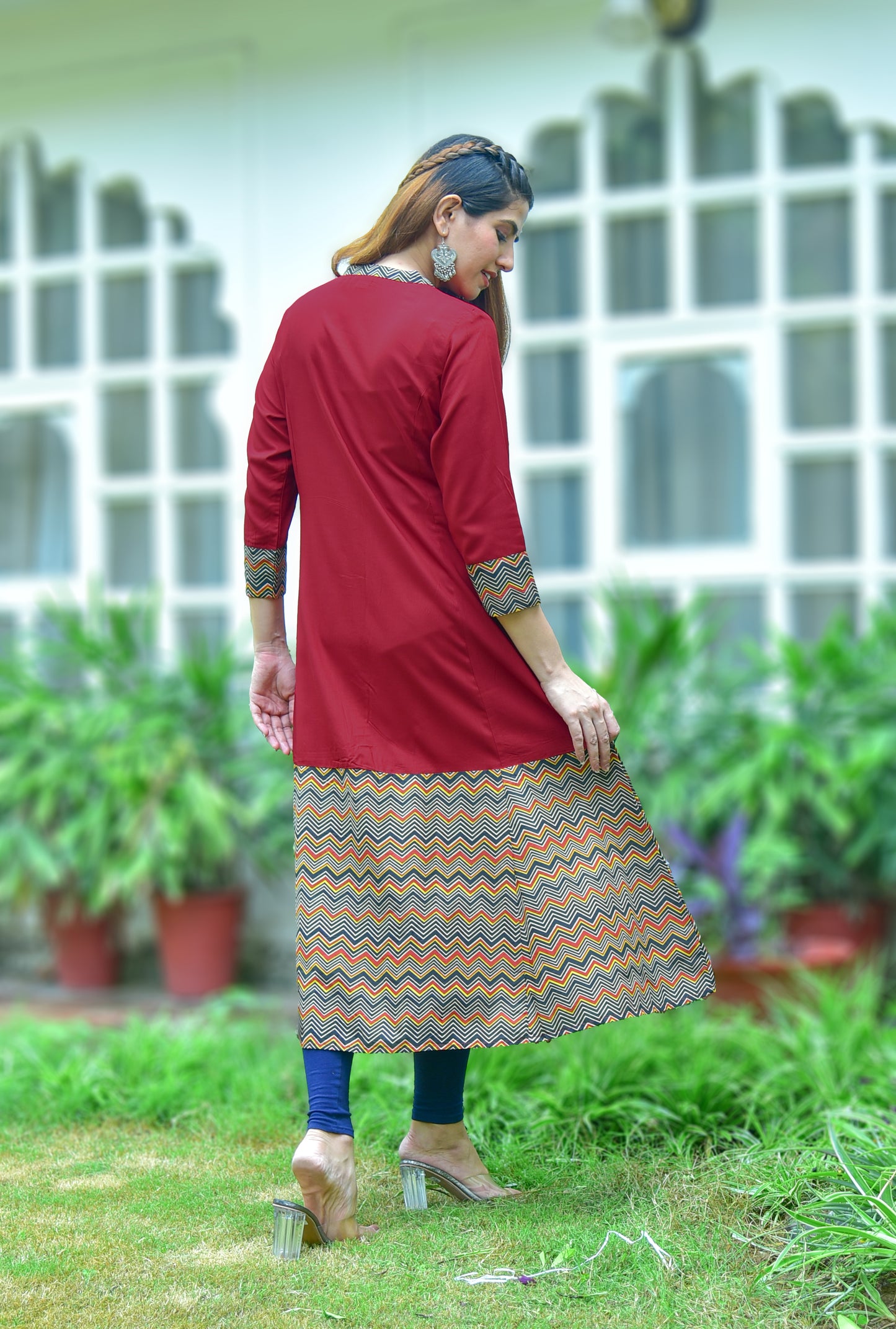 Rayon & Cotton Cambric Zig-Zag Printed A-line Kurta
