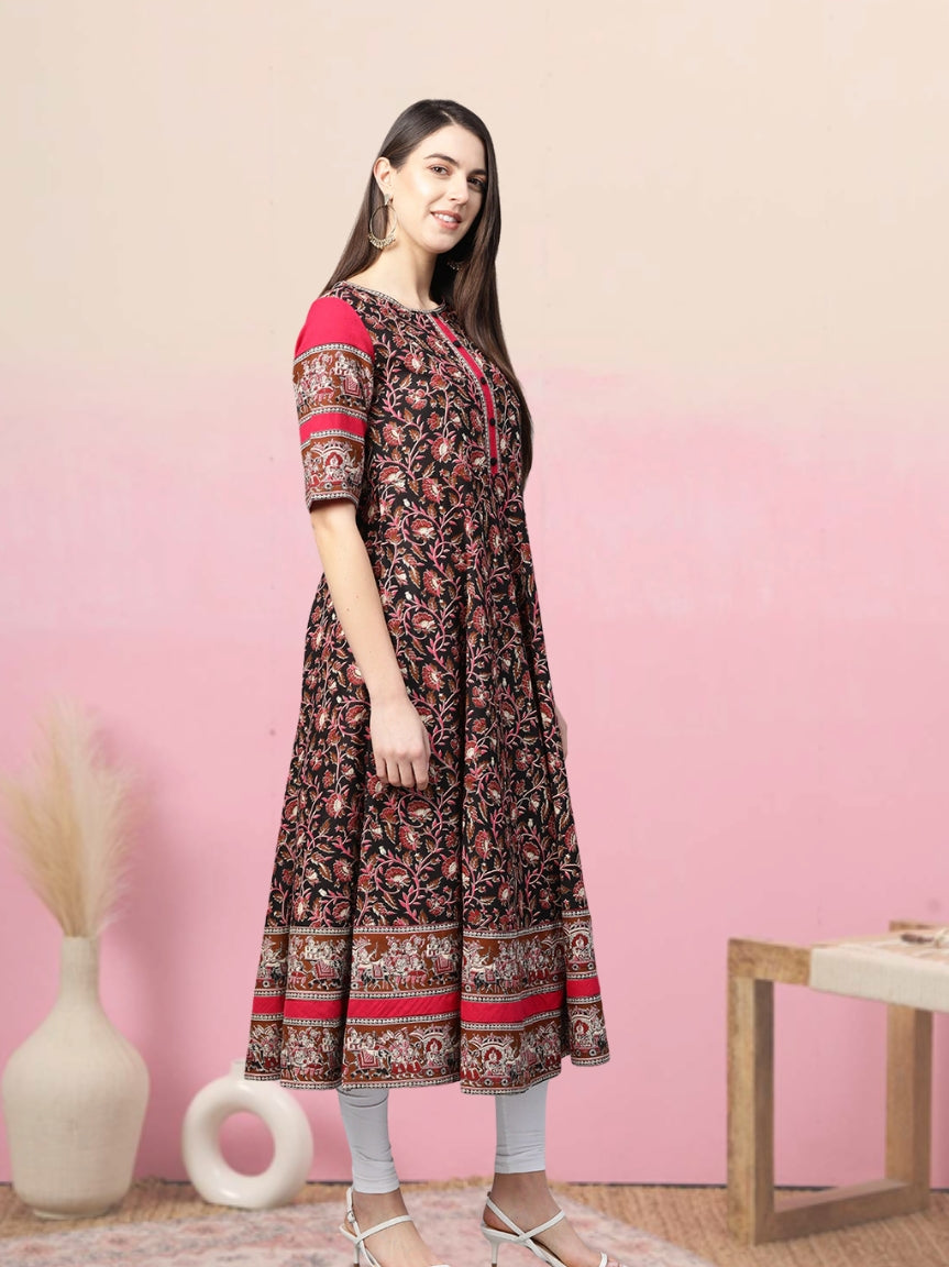 women cotton floral printed anarkali kurta black