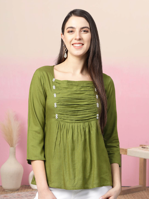women rayon solid regular top green
