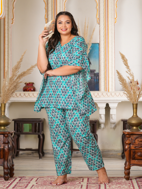 women geomatrical printed kaftan night suit multi