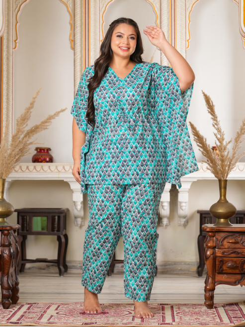 women geomatrical printed kaftan night suit multi