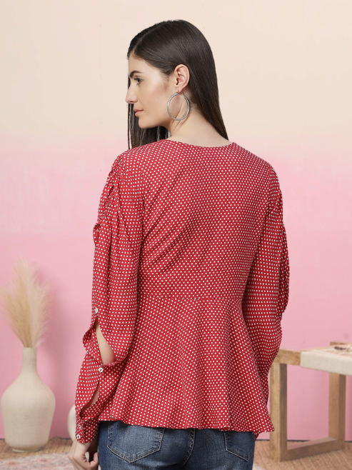 women rayon polka dot printed regular top red
