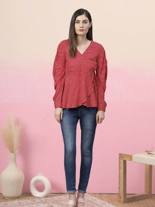 women rayon polka dot printed regular top red