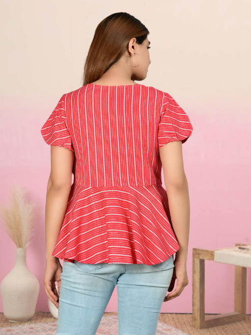 women rayon stripe printed regular top red