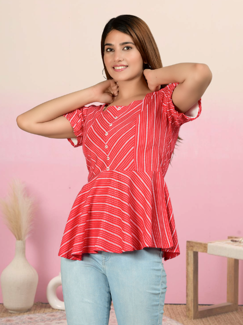 women rayon stripe printed regular top red