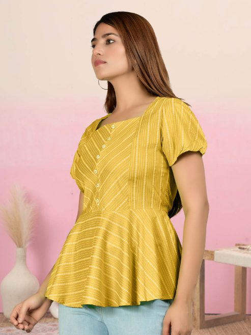 women rayon stripe printed regular top mustard