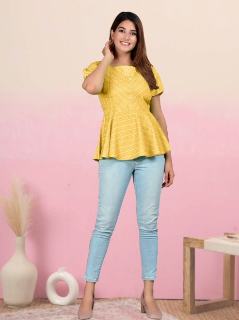 women rayon stripe printed regular top mustard