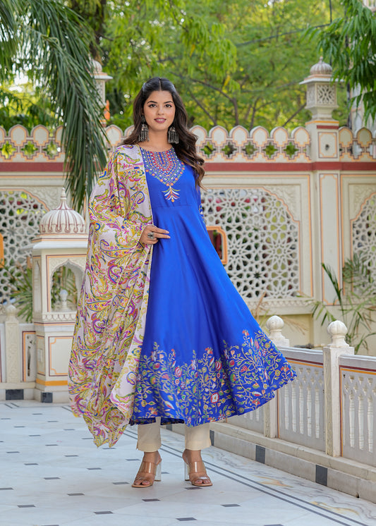 yash gallery womens rayon floral placement printed anarkali kurti blue duptta