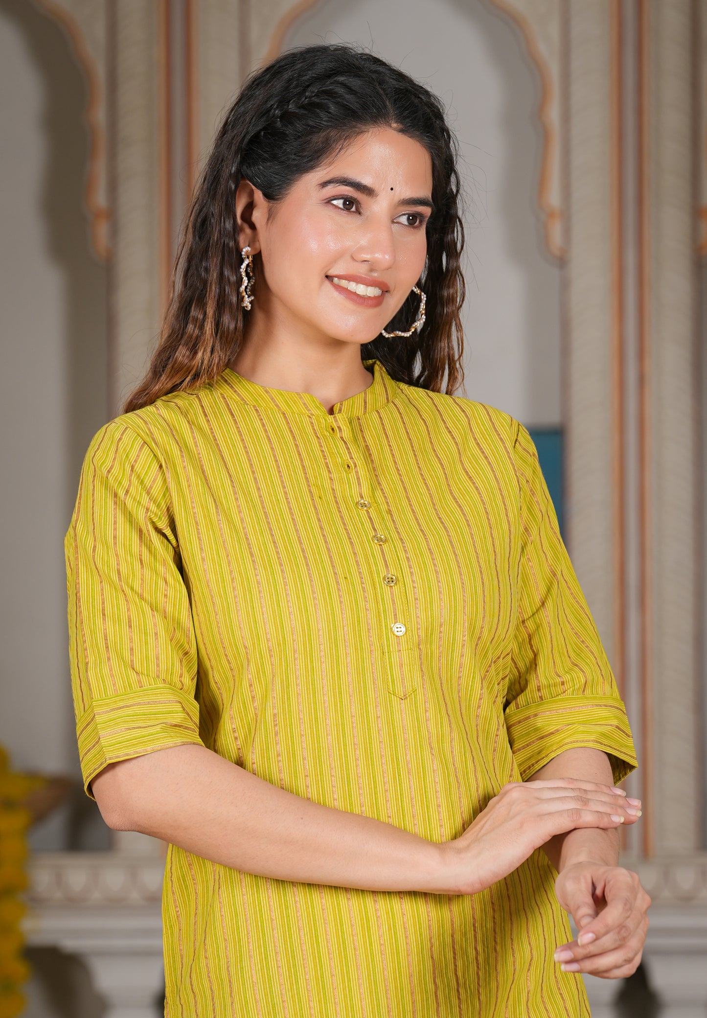 Cotton Stripe Gold Printed Straight Kurta (Green)