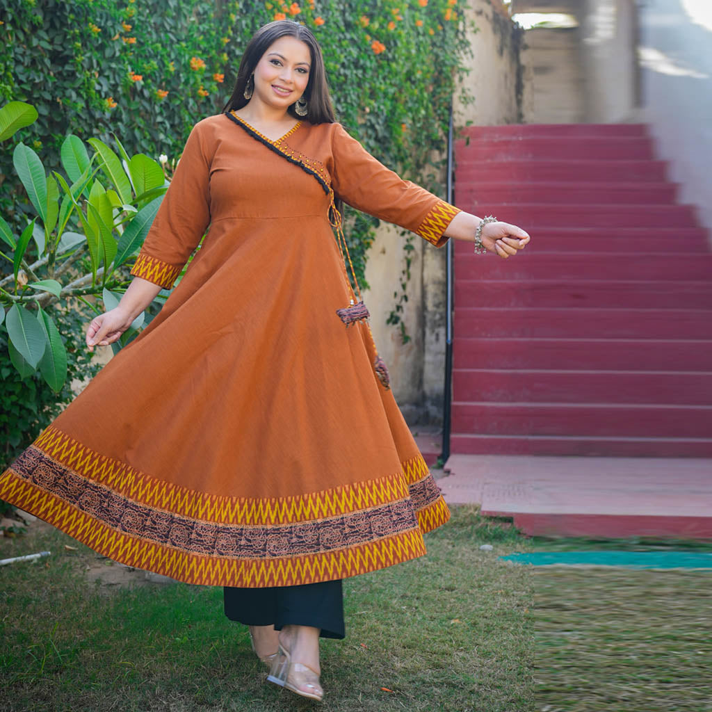 Yash Gallery Women's Cotton Slub Plus Size Angrakha Style Anarkali Kurti (Brown)