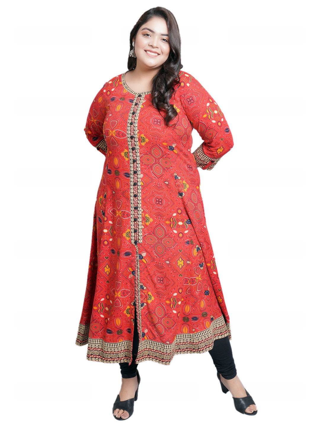 womens rayon bandhej printed anarkali kurta red