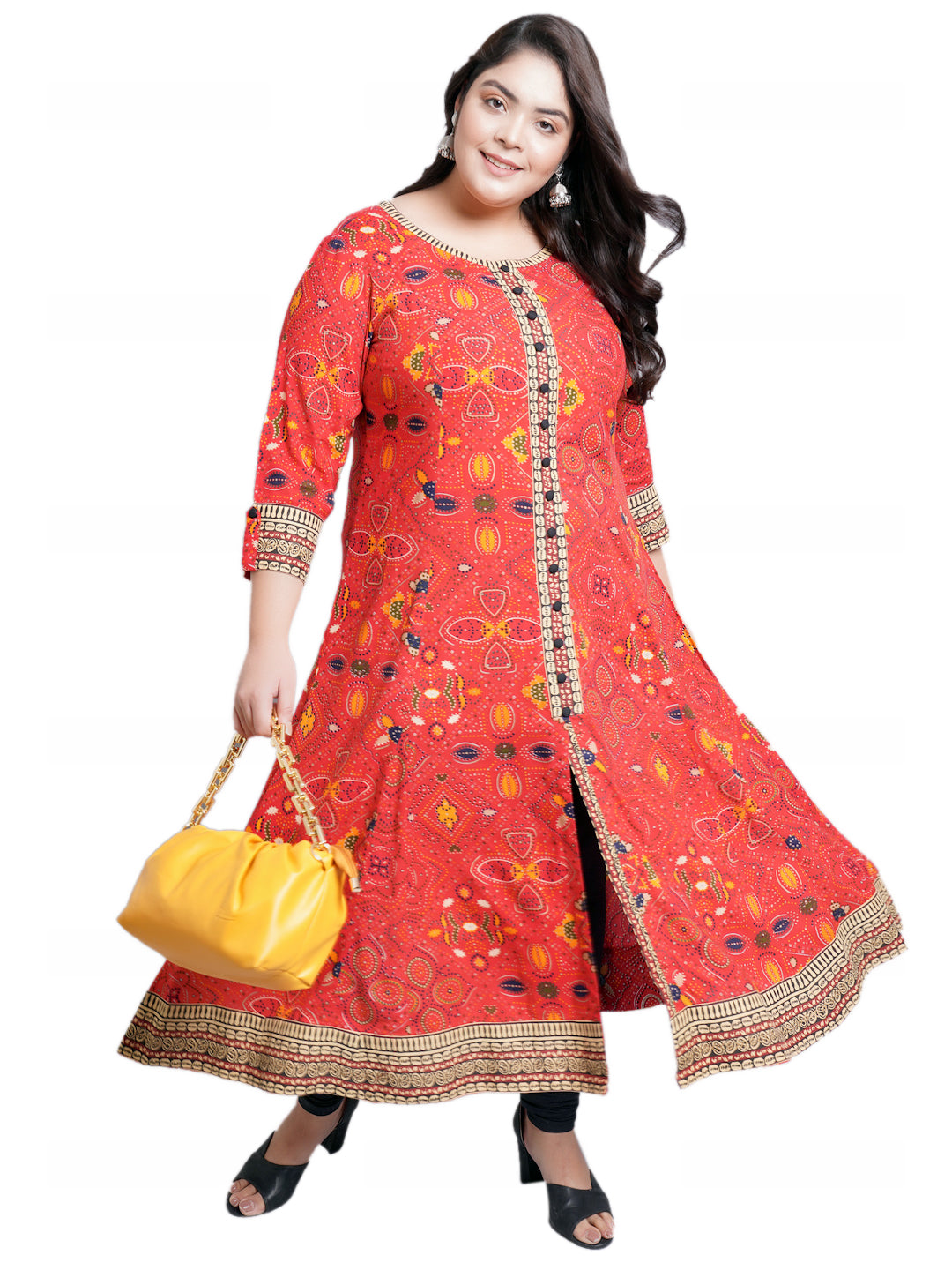 womens rayon bandhej printed anarkali kurta red
