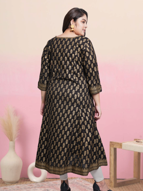 yash gallery womens cotton gold print anarkali kurta black