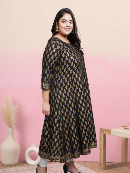 yash gallery womens cotton gold print anarkali kurta black